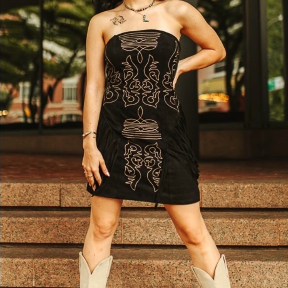 Western Fringe Rodeo Dress with boot stitching embroidery by Lucky & Blessed